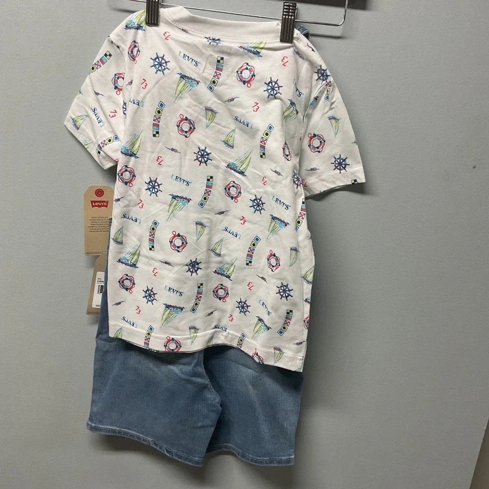 2024 Levi's Kids 2 Piece‎ Set White Nautical Print T-Shirt Denim Overalls 6/7